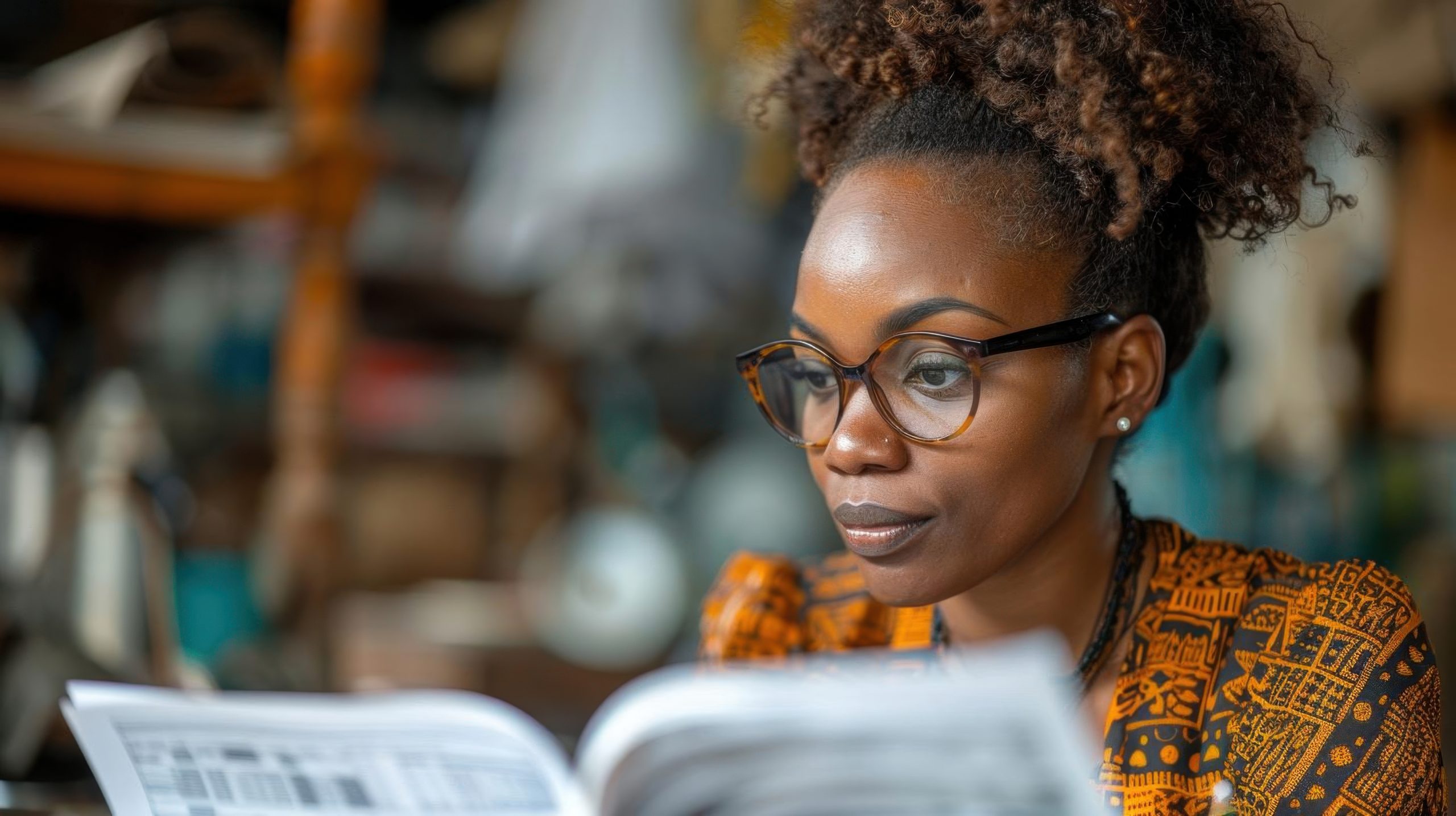 A businesswoman reviewing financial reports in an office