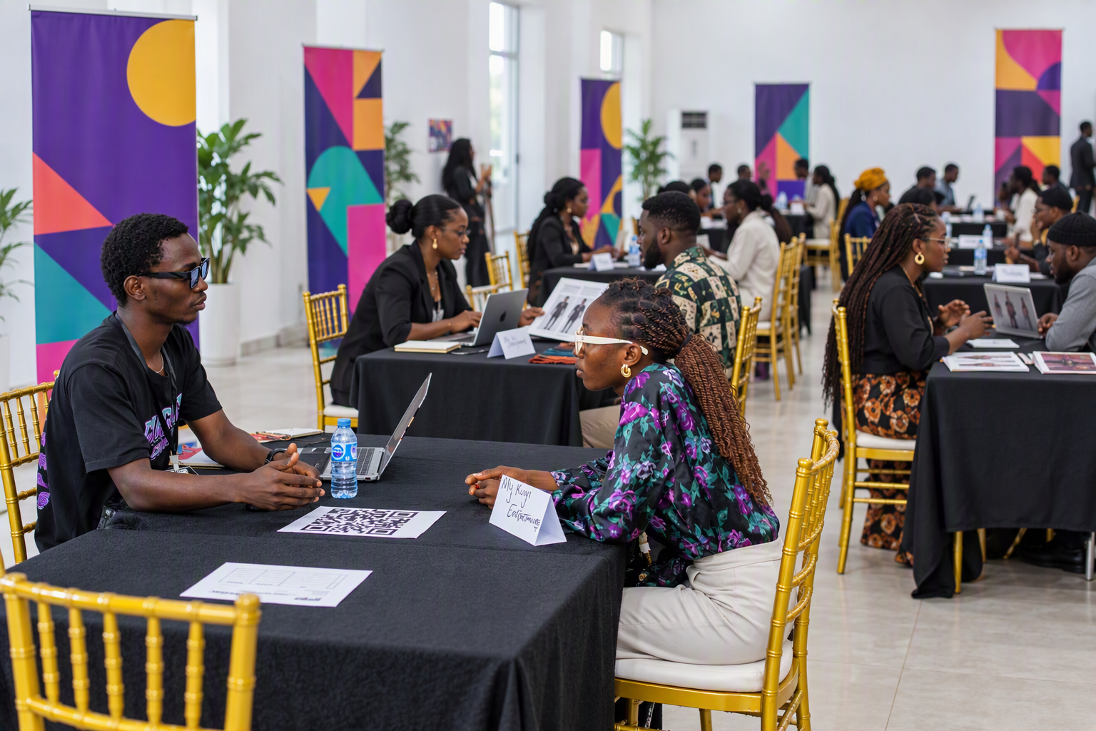 Employers interviewing fashion talent across rows of tables at a career fair